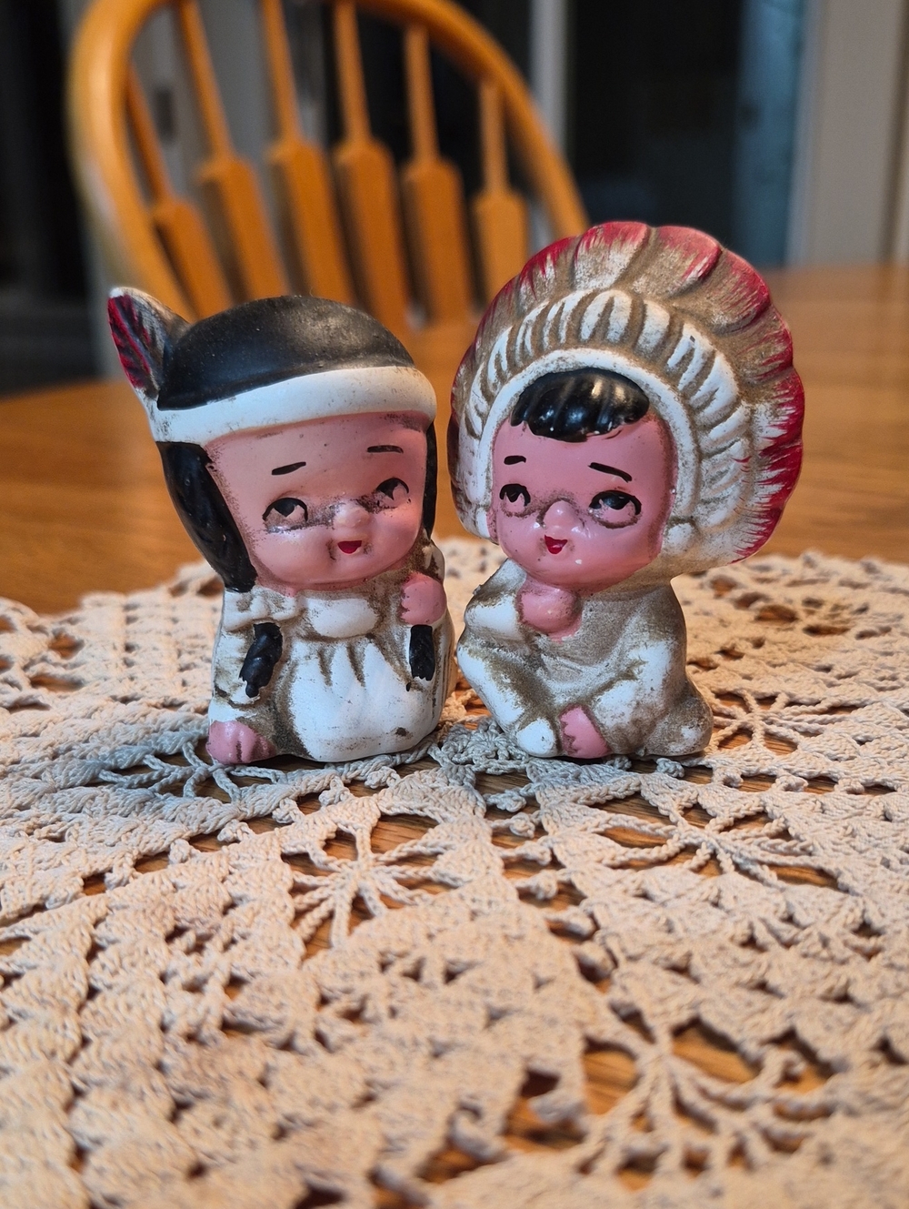 Vintage Ceramic Indian Figurine Pair in Pink, White and Black